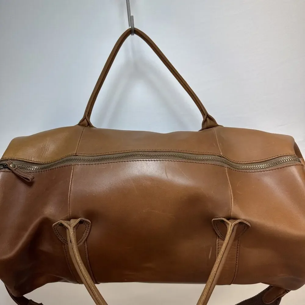 L.L. Bean Signature Cognac Brown Leather‎ Travel Duffle Weekender Canvas Lined